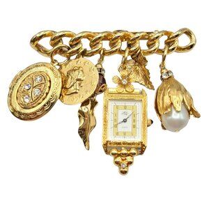 Kirks Folly Gold-Tone Charm Statement Clock Locket Coin Chain Chord Pin Brooch